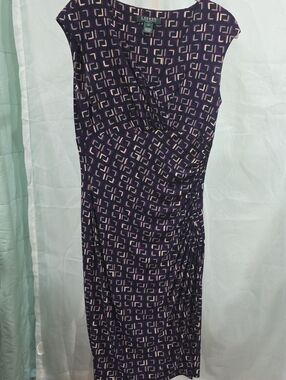 #219 Lauren Ralph Lauren Purple Geometric Ruched Jersey Sheath Dress Sz 4